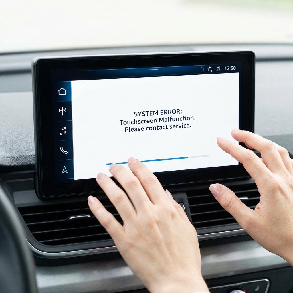 Full frame close up of infotainment screen showing an error message with hands operating touch controls in Audi interior minimalist white background with blue CarFax Deals accents audi q5 for sale