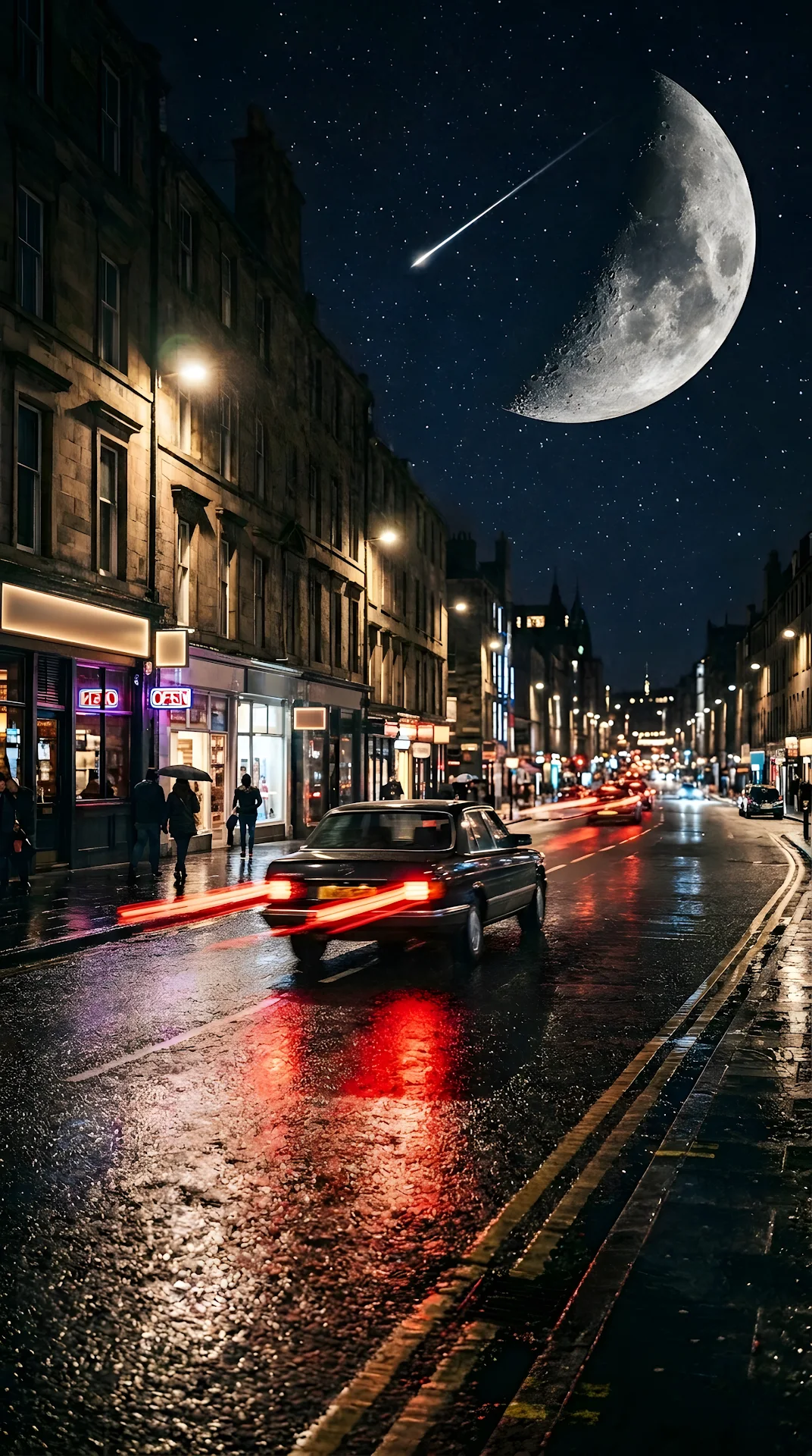 Cinematic Rainy Night City Street with Car and Crescent Moon - Free 4K mobile Wallpaper