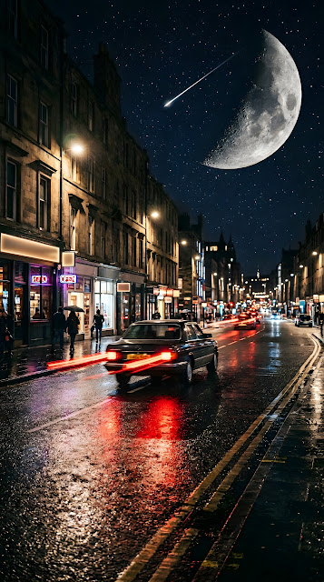 Cinematic Rainy Night City Street with Car and Crescent Moon - Free mobile Wallpaper