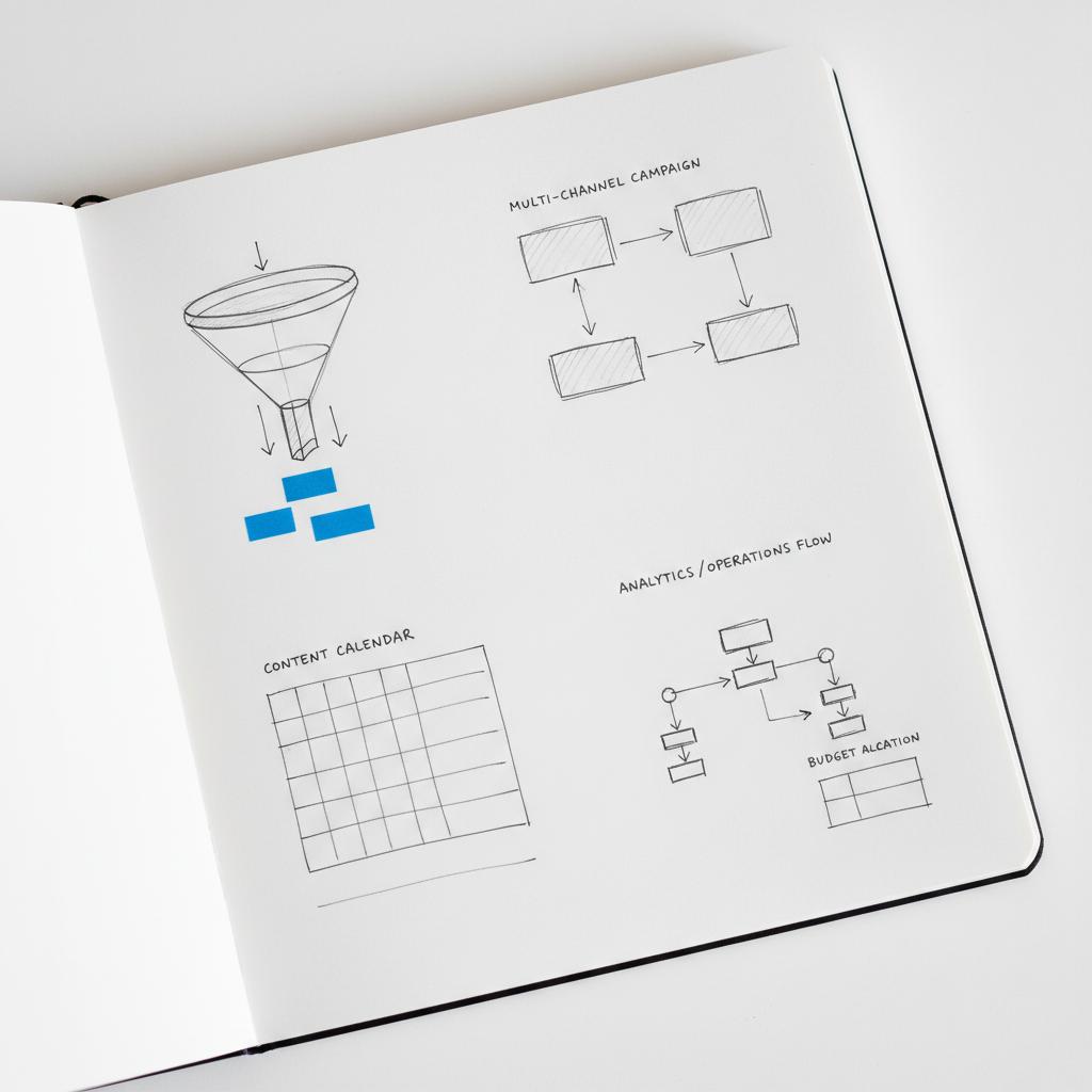Close-up notebook-style planning sketch showing segmented funnel thumbnails, channel arrows and blue #1a5bfb sticky-note markers for 4 types of marketing strategy planning.