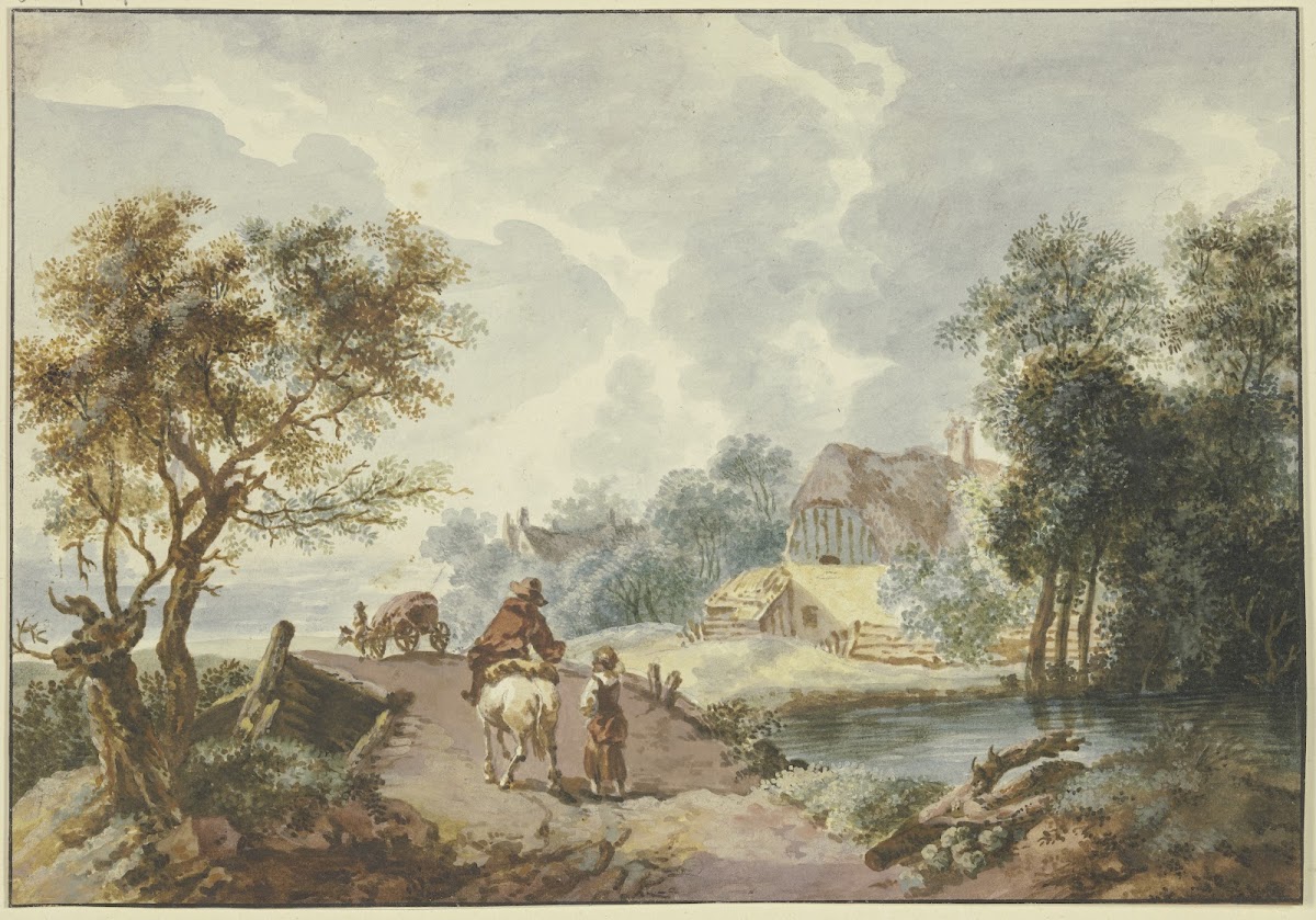 Baumreiche Landschaft im Vordergrund ein Weg der über eine Brücke führt