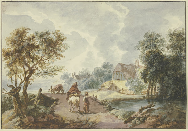 Baumreiche Landschaft im Vordergrund ein Weg der über eine Brücke führt