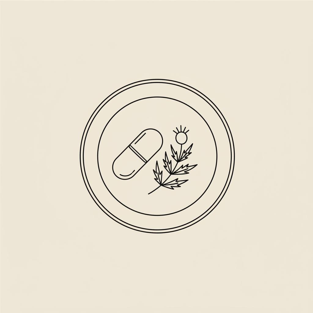 Minimalist vector line illustration of a plate with a vitamin D capsule and a botanical sprig on a beige #F2E5D5 background, thin black outlines in Tonum style