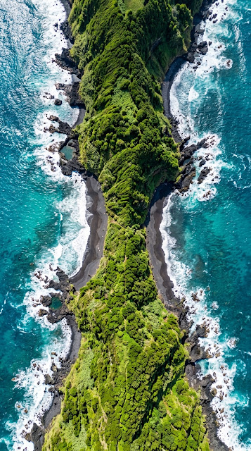 Aerial View of a Tropical Peninsula with Black Sand and Turquoise Sea - Free mobile Wallpaper