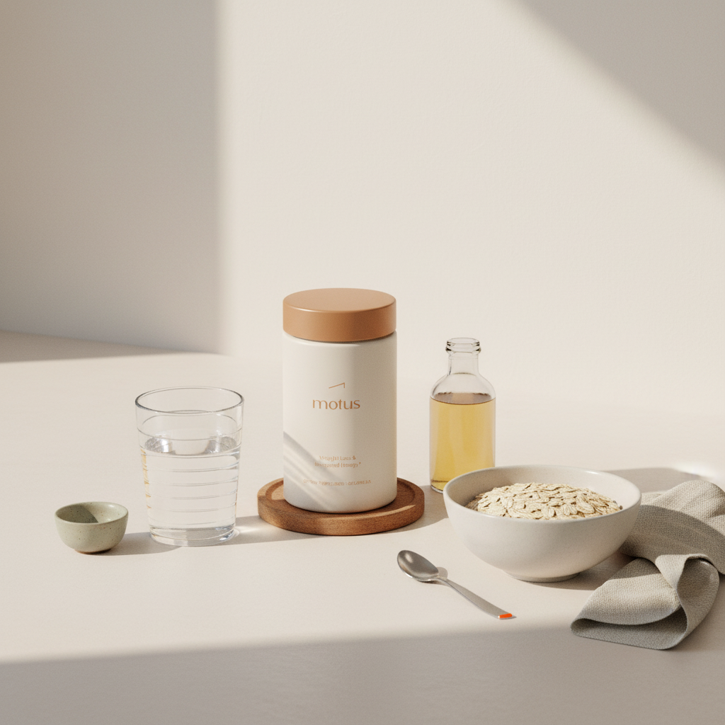 Minimalist kitchen counter with Tonum Motus jar, glass of water, and small bottle of diluted apple cider vinegar beside a bowl of oats — apple cider vinegar for belly fat
