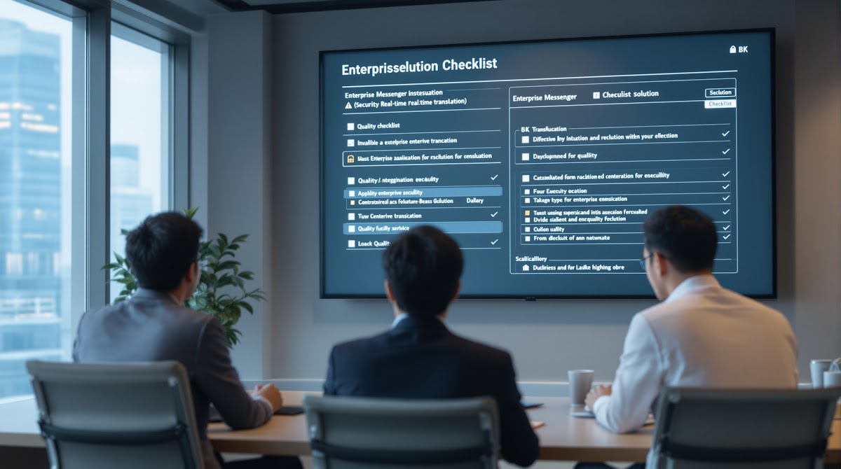IT 및 경영진이 기업메신저실시간통역 솔루션 도입 체크리스트를 점검하며, 실제 업무 환경에서 음성·문서·회의 번역 기능의 품질·보안·확장성·고객지원 항목을 검토하는 모습. 체크리스트와 성공적 도입 전략이 한눈에 정리돼 있음