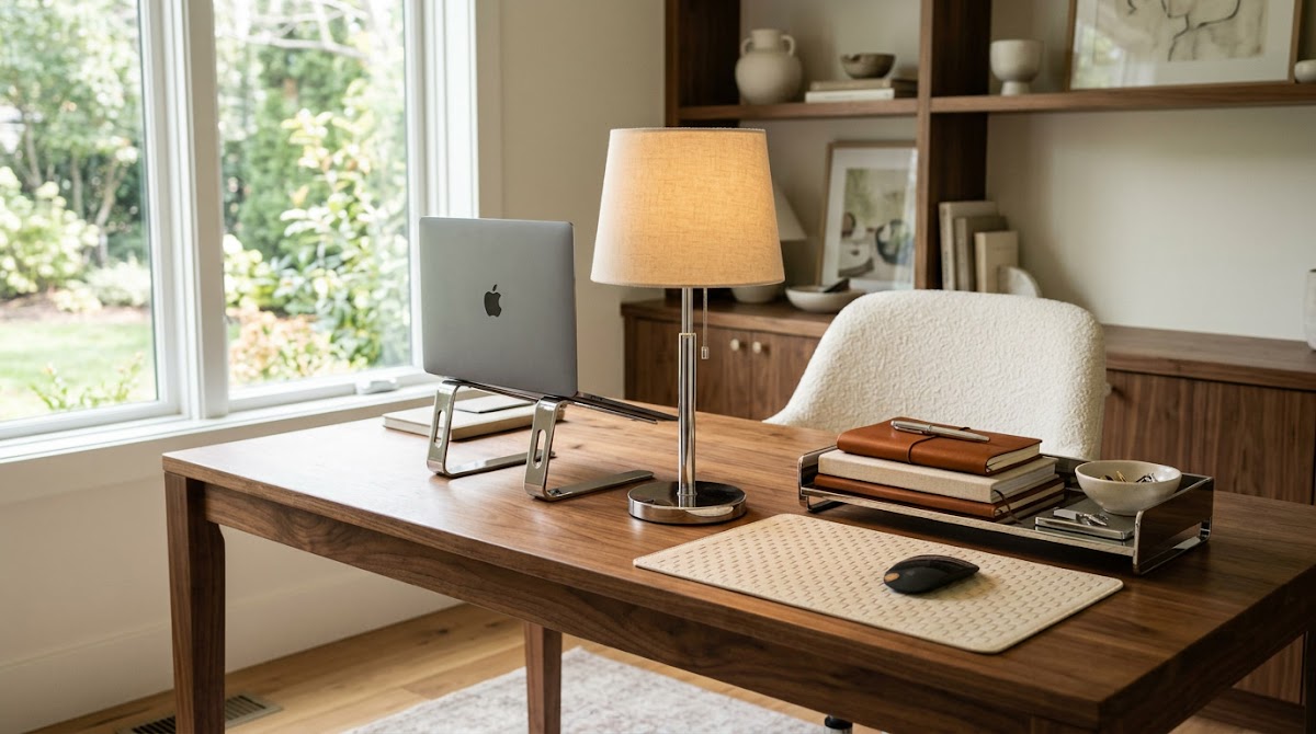 How to Make Chrome Home Office Accessories Work With a Wood Desk - final inviting chrome and warm wood living room styling reveal