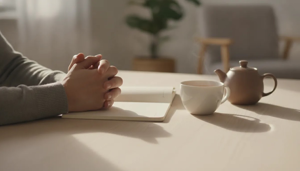 Hands pausing beside a journal to represent emotional regulation techniques like the STOP skill