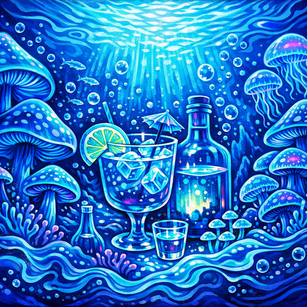 shrooms and alcohol – creative and expressive visual interpretation, glasses and mushrooms over bold abstract colors