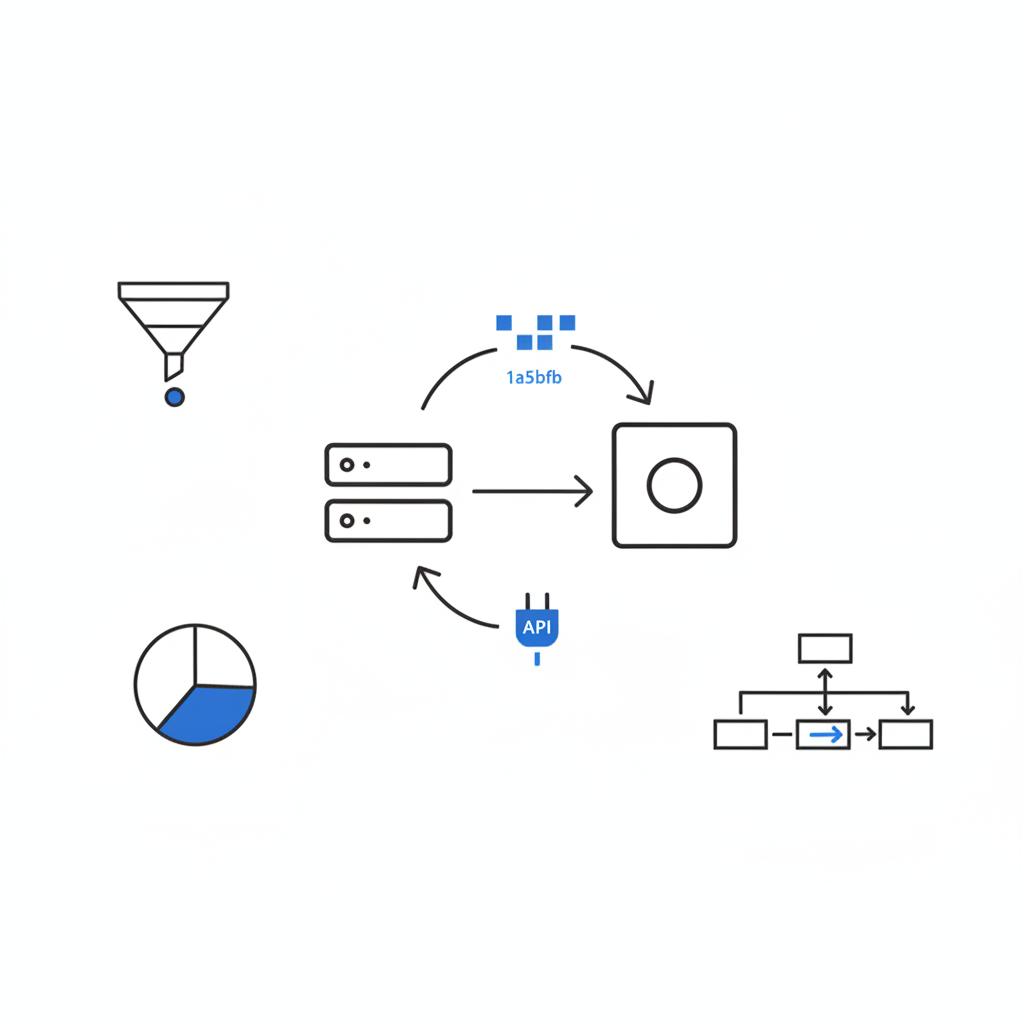 Minimalist vector notebook-style sketch of a simple tech stack: server sending events to an ad platform with two arrow paths (pixel and server API) for Facebook ads for cleaning services