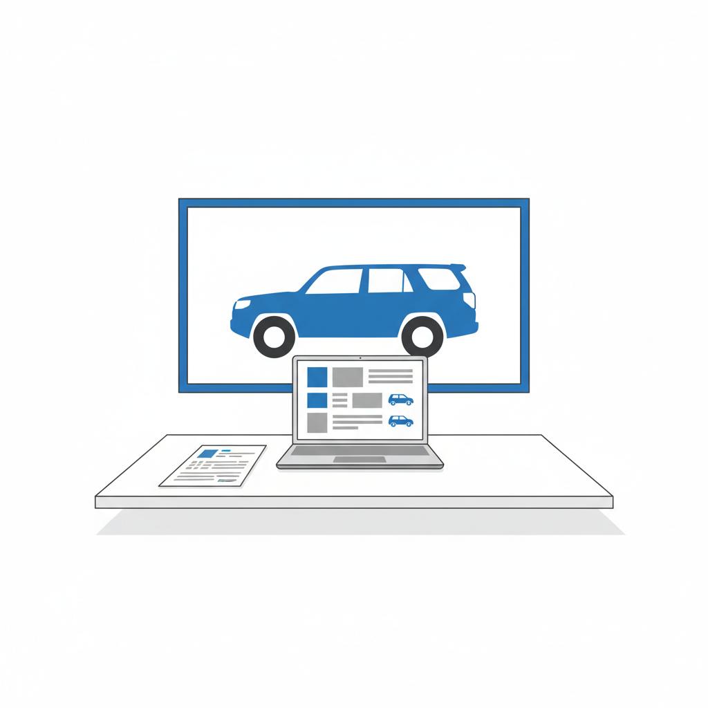 Minimalist 2D vector of a printed vehicle history report beside a laptop listing with a 4Runner visible outside the window used 4runner for sale
