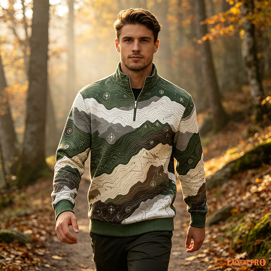 AOP HNH Stand Collar Half Zip Long Sleeve