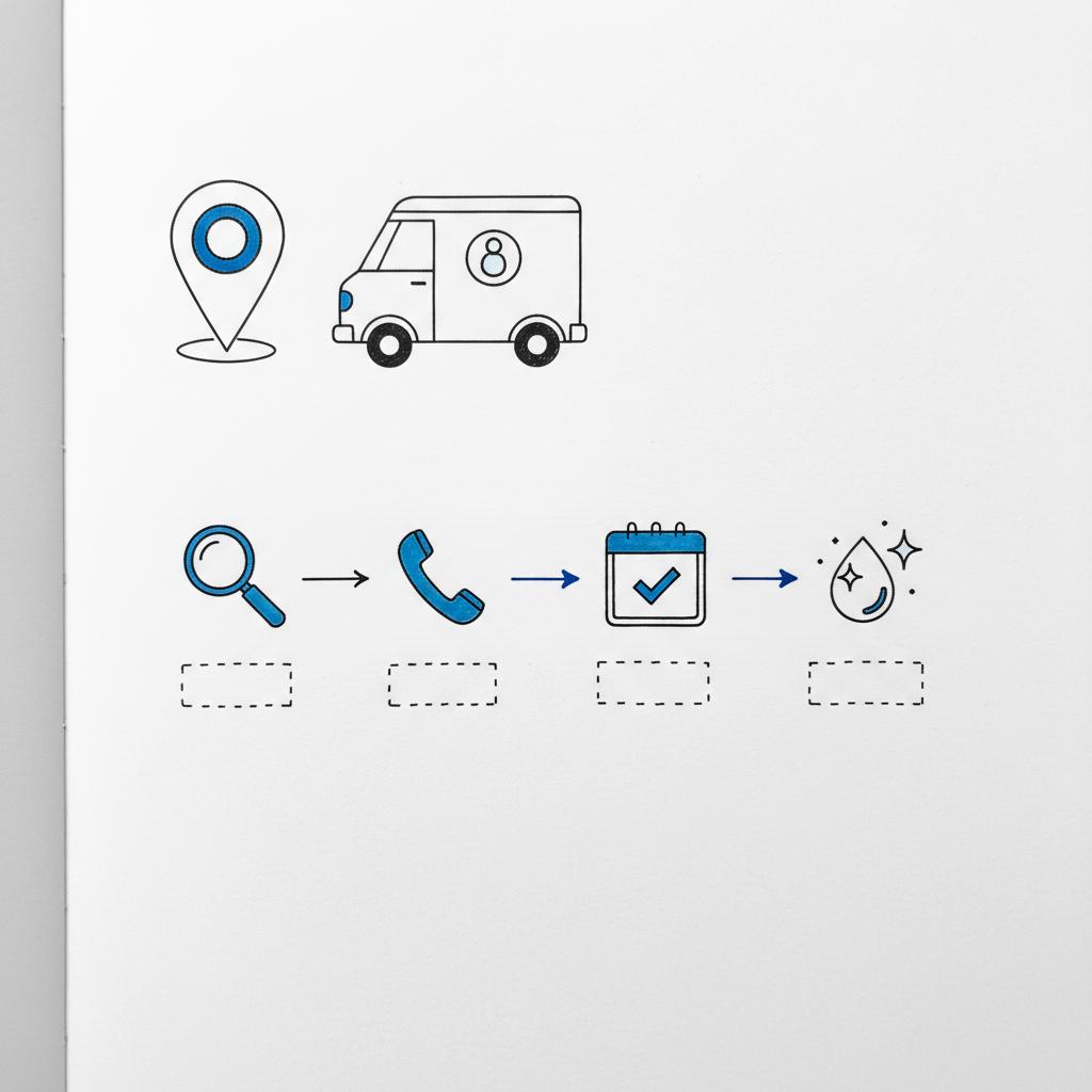 Close-up hand-drawn notebook sketch of a map pin, branded van icon and four-step icon workflow illustrating a Google Business Profile local service process.