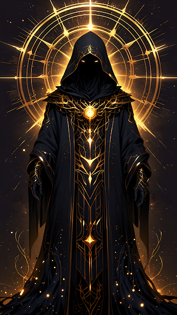 Mysterious Hooded Figure with Golden Rune Aura - Free mobile Wallpaper