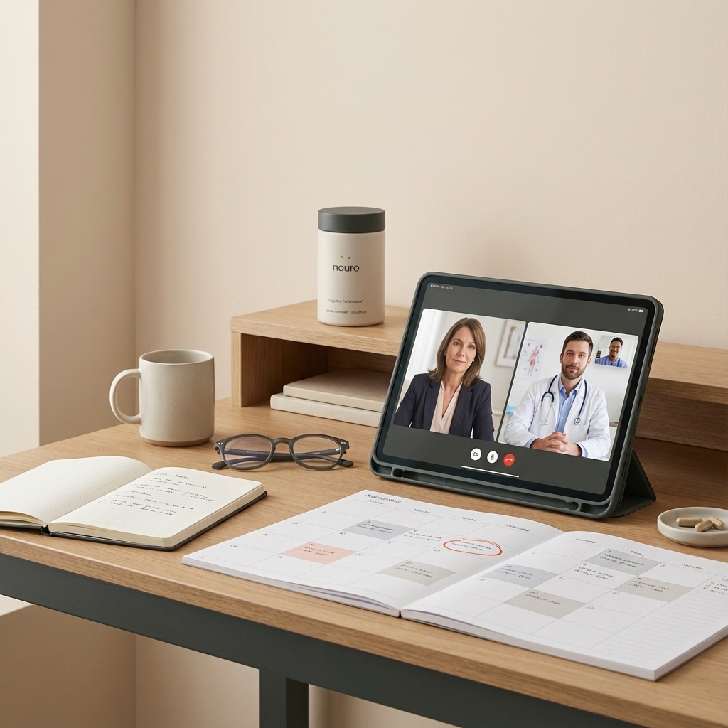 Tidy home workspace of a midlife professional with tablet on a telehealth call and a labeled Nouro supplement bottle in the background, calendar and notebook supporting early onset Alzheimer's care.