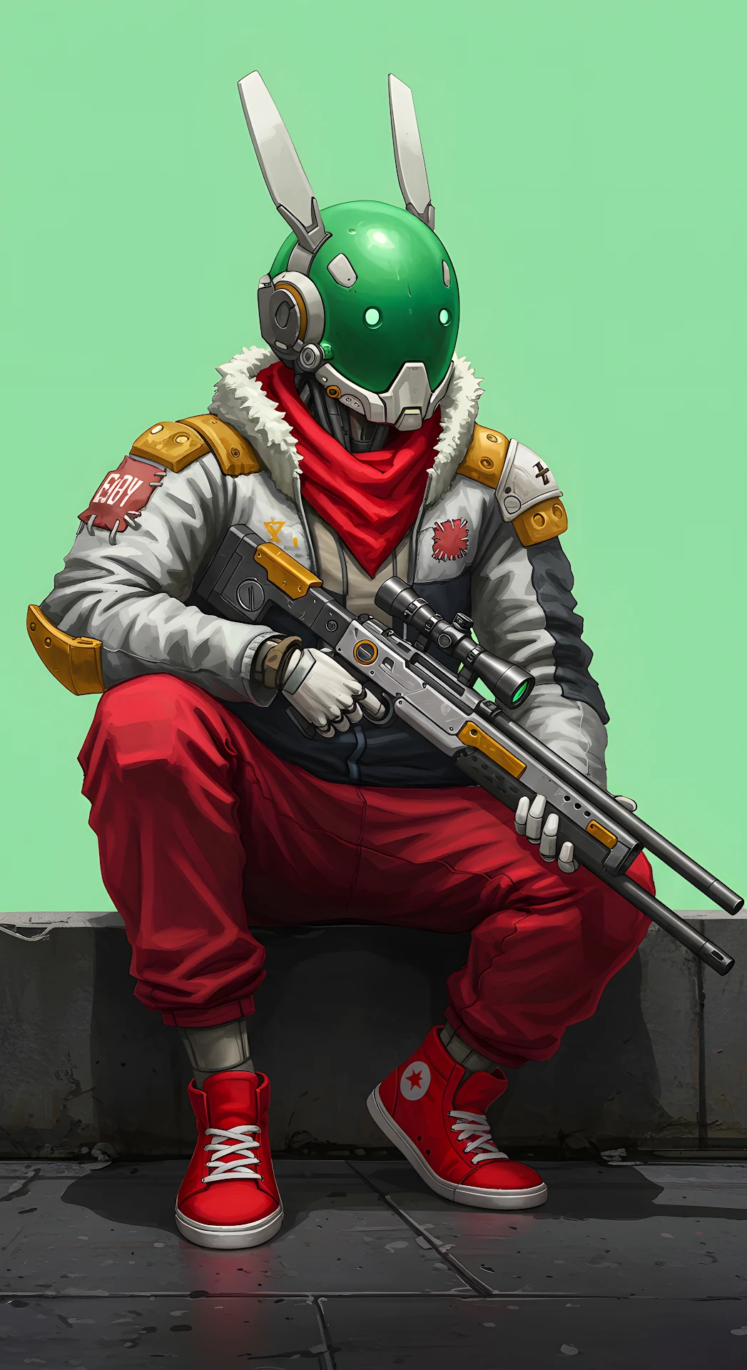 Urban SciFi Character in Streetwear and Bunny Helmet - Free 4K mobile Wallpaper
