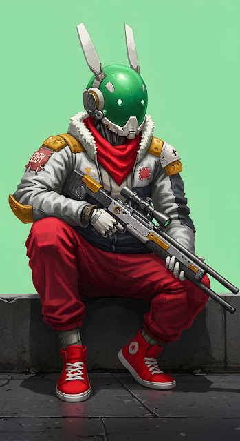 Urban SciFi Character in Streetwear and Bunny Helmet - Free mobile Wallpaper