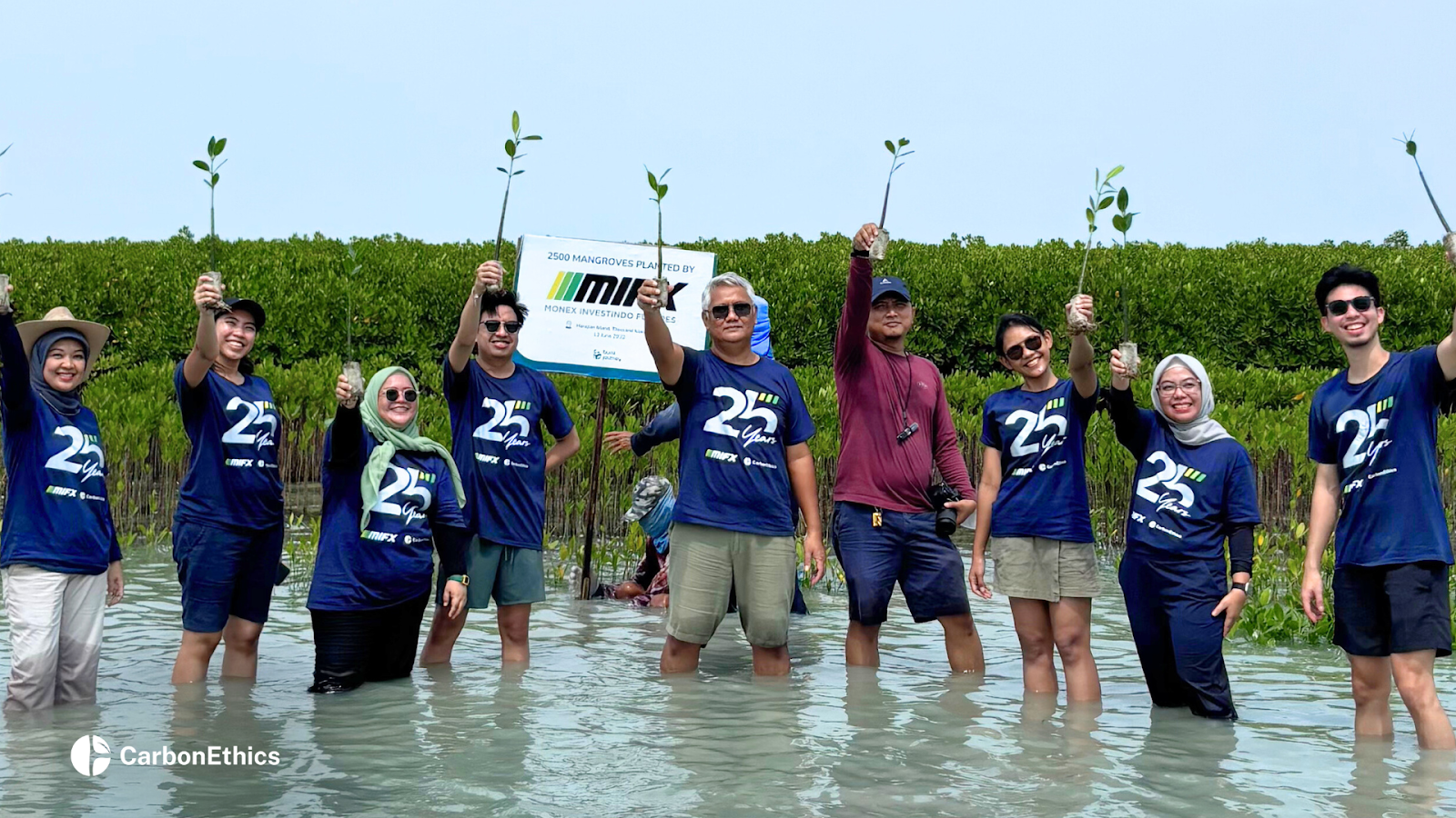 MIFX team standing in the water, raising mangrove seedlings proudly in front of a planting sign, marking their 2,500-seedling collaboration with CarbonEthics.