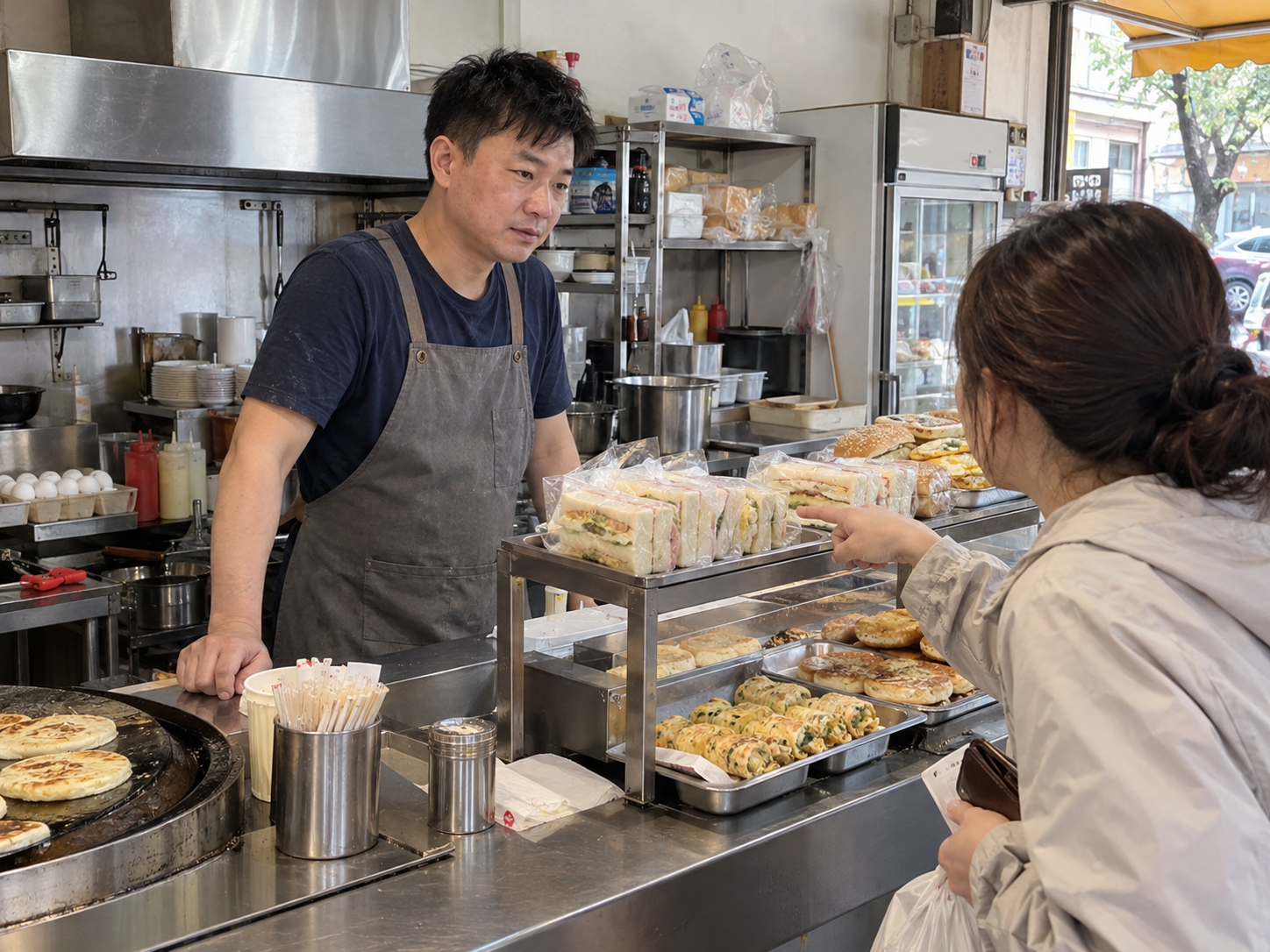 早餐店老闆在櫃檯聆聽顧客對餐點的說明
