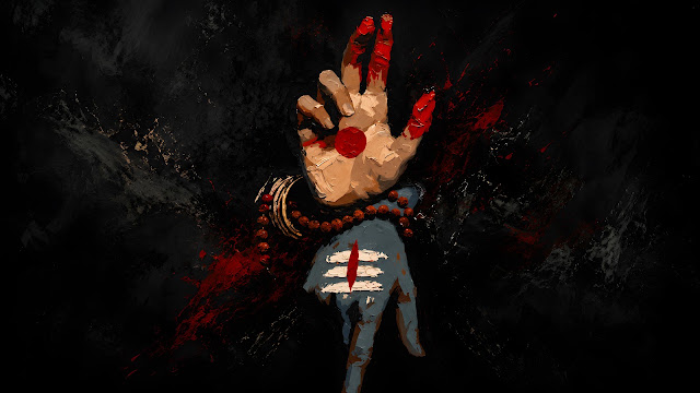 Impasto oil painting of an expressive raised hand with red accent finger mark and decorative palm circle on dark background.