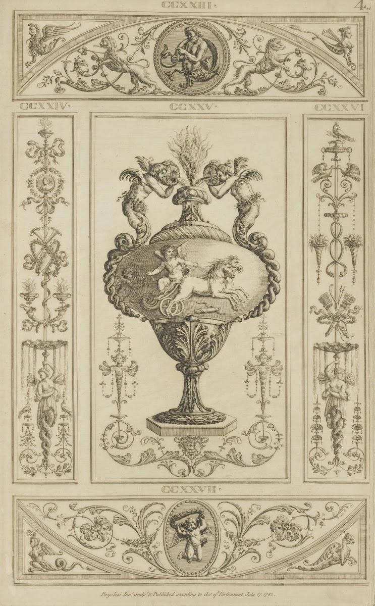 Central design of urn with design of cherub driving horse drawn chariot 1777   1