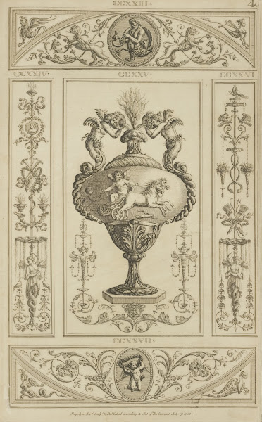 Central design of urn with design of cherub driving horse drawn chariot 1777   1