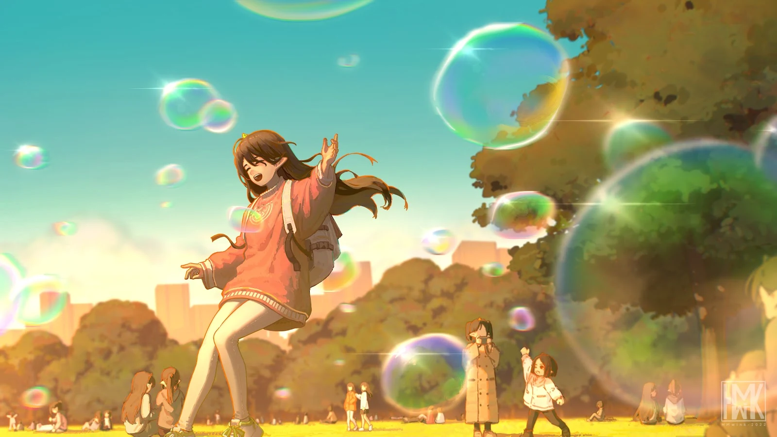 Anime Art, Bubbles, Park, Illustration 5K Wallpaper Background (5221x2941)