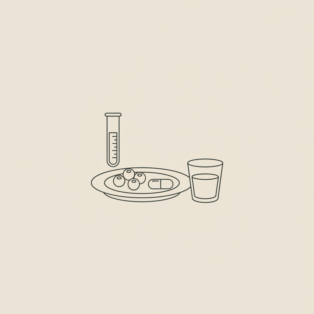 Minimalist vector icon of a plate with berries and a capsule, a small water glass and a test tube on beige background — Will my insurance cover a nutritionist