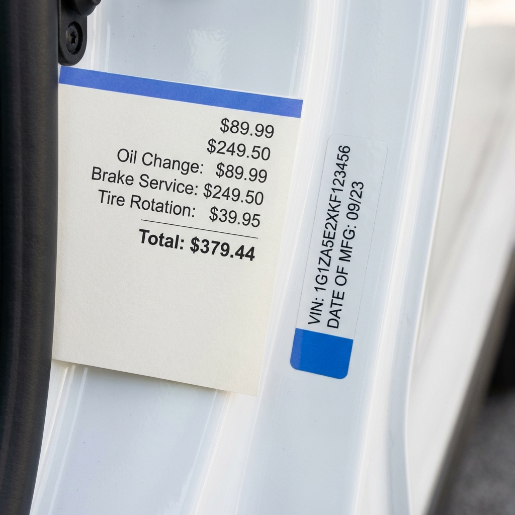 Close up service invoice beside car door jamb VIN sticker showing oil change brake service and total line items bmw m4 for sale