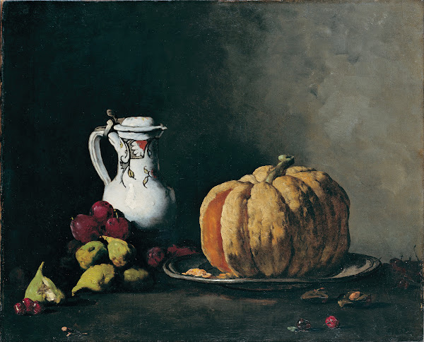 Still Life with Pumpkin Plums Cherries Figs and Jug c 1860