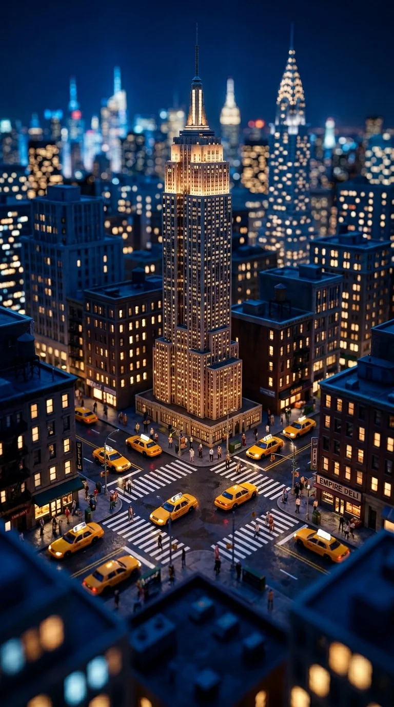 Miniature Diorama of New York City Street at Night - Free 4K mobile Wallpaper