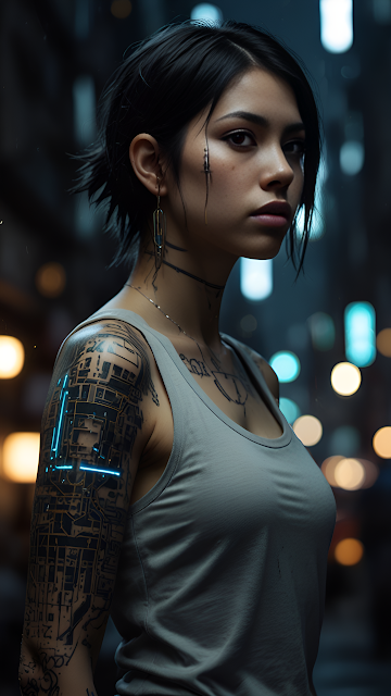 Cyberpunk Woman Portrait Glowing Circuit Tattoos Urban Night - Free mobile Wallpaper