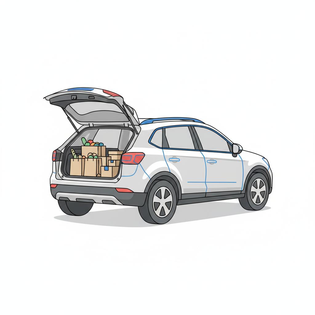 Minimalist vector of a compact crossover with open trunk filled with grocery bags on white background in CarFax Deals blue and dark tones nissan car showroom near me