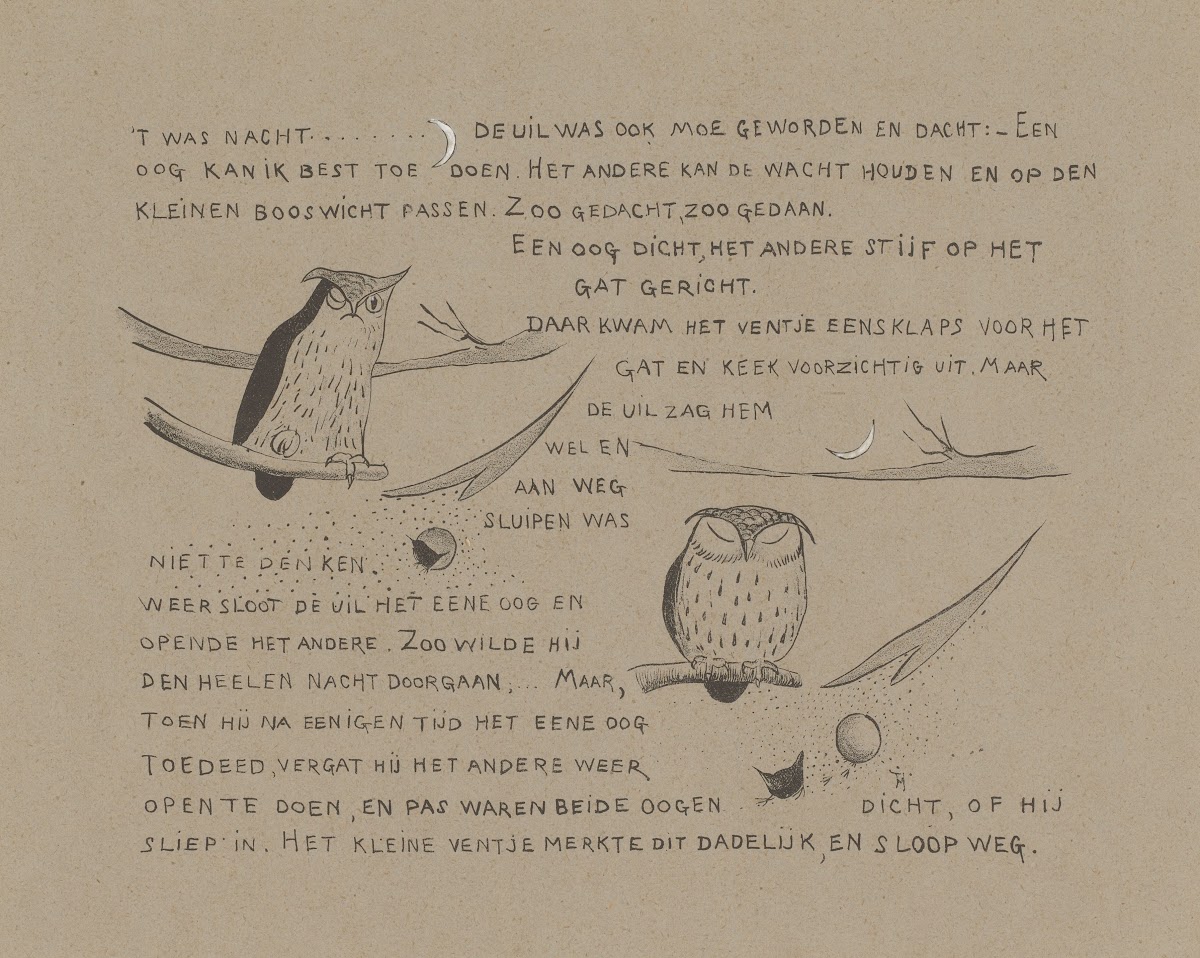 Tekstblad met winterkoning die ontsnapt als de uil in slaap valt 1892