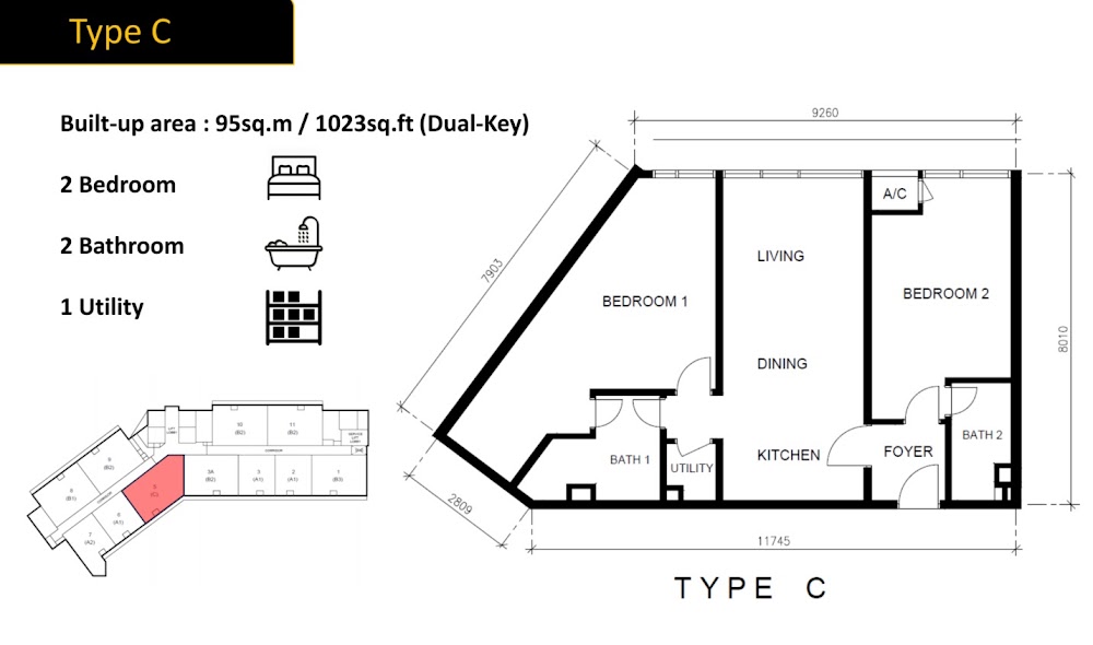 Golden Crown Type C floor plan — 1023 sq ft, 3 bedrooms