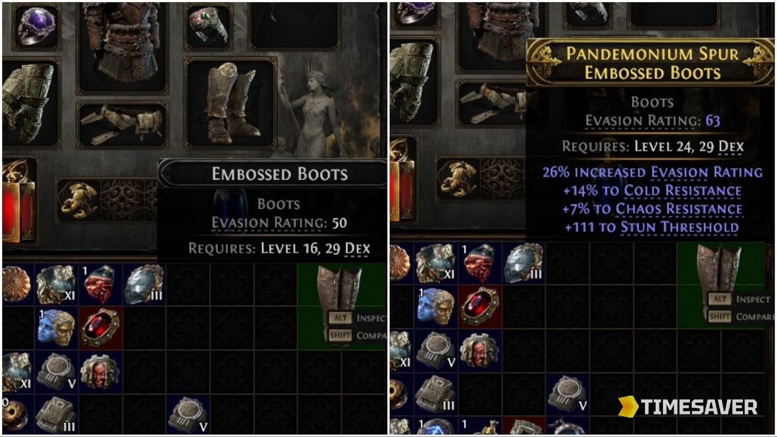 PoE2 Embossed Boots before and after an Orb of Alchemy — a Normal item upgraded to a Rare with four random modifiers