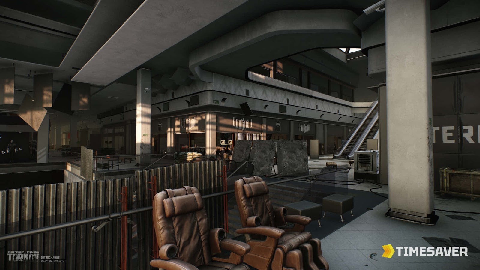 Escape from Tarkov Interchange mall interior — the tech stores (OLI, Goshan, IDEA, Techlight) that make Interchange the top loot run