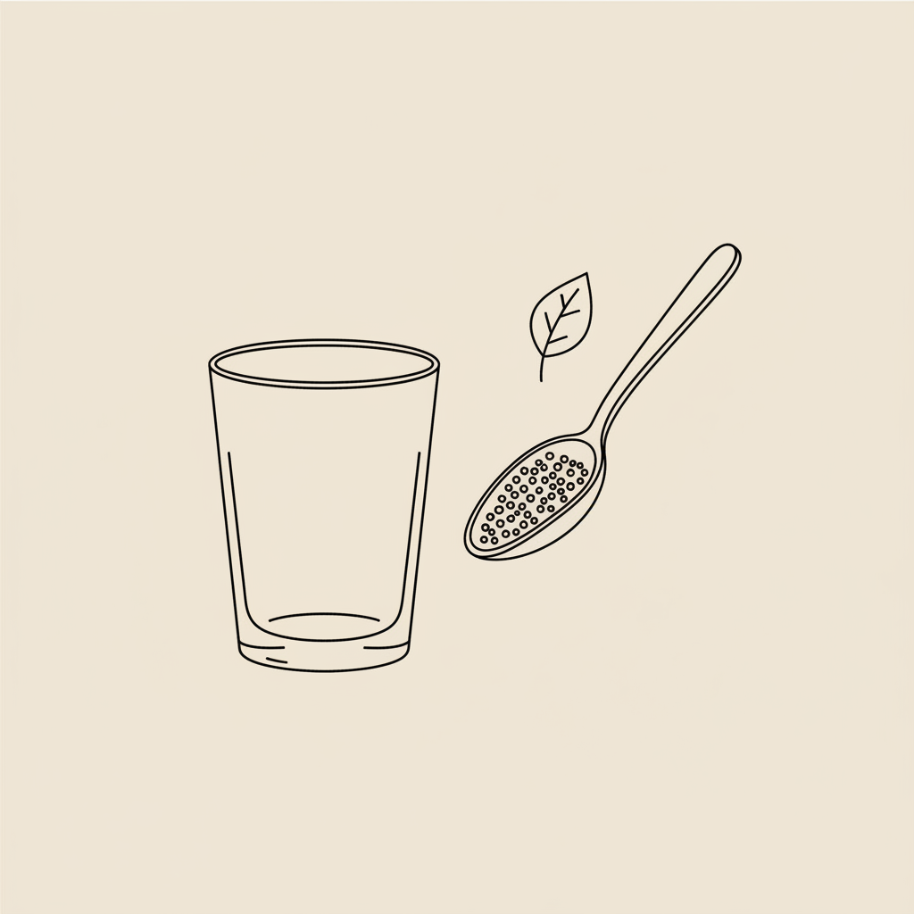 Minimalist Tonum-style line illustration of a glass of water, a spoon holding psyllium husk granules and a small leaf on a beige background, visual for psyllium husk pregnancy.
