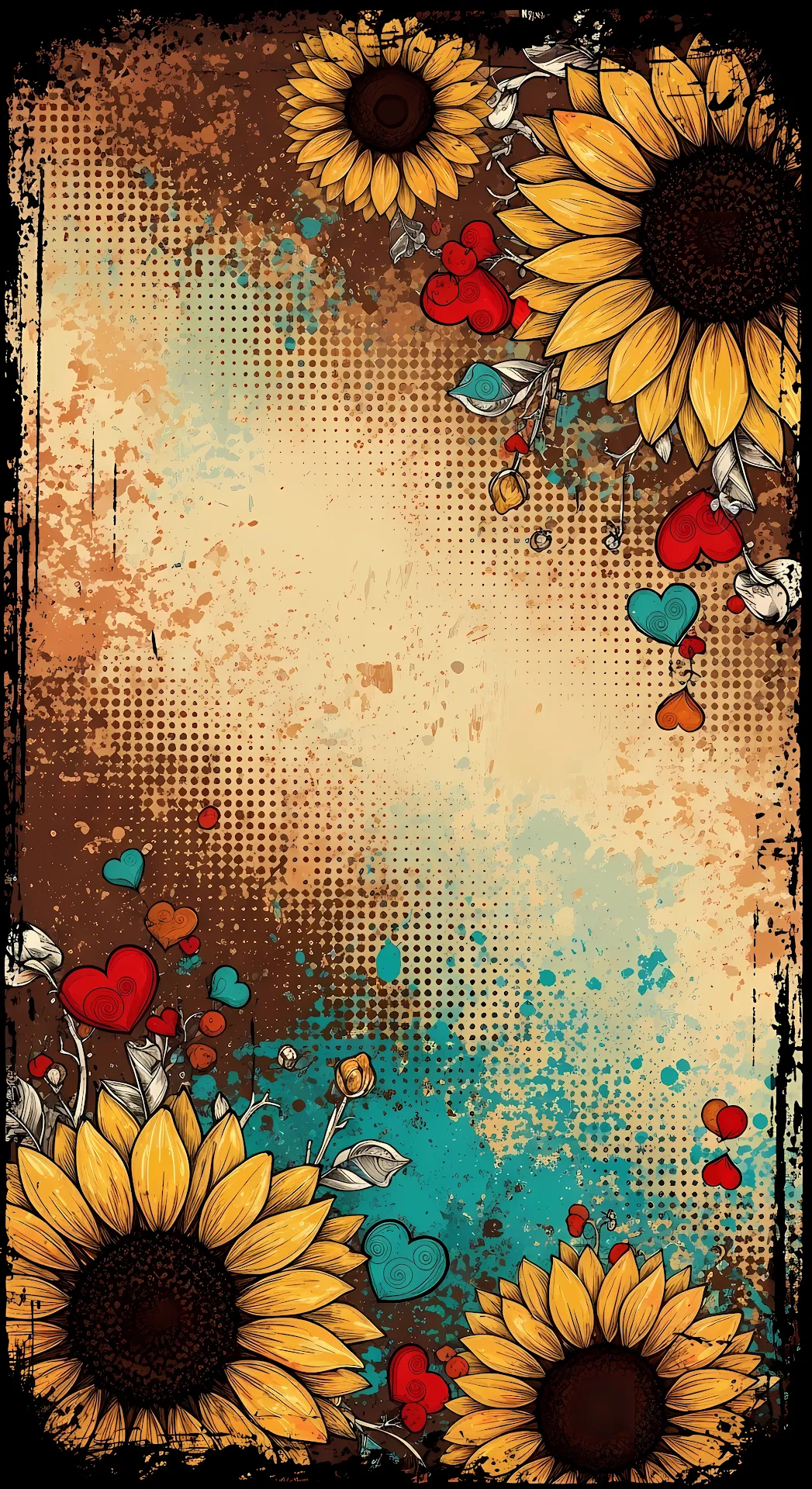 Grunge Sunflower and Heart Art with Halftone Texture - Free 4K mobile Wallpaper