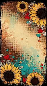 Grunge Sunflower and Heart Art with Halftone Texture