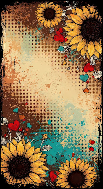 Grunge Sunflower and Heart Art with Halftone Texture - Free mobile Wallpaper