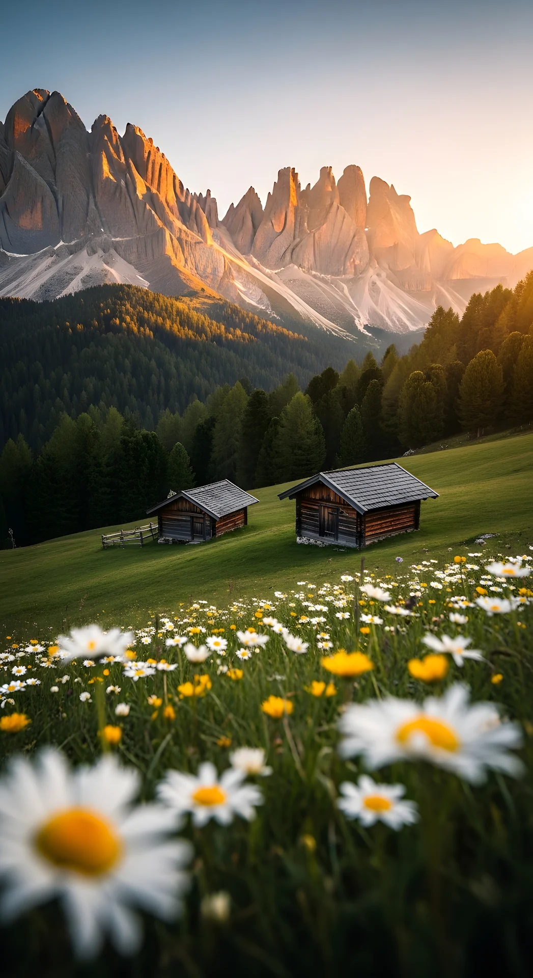 Alpine Meadow Huts Under Sunlit Dolomite Peaks - Free 4K mobile Wallpaper