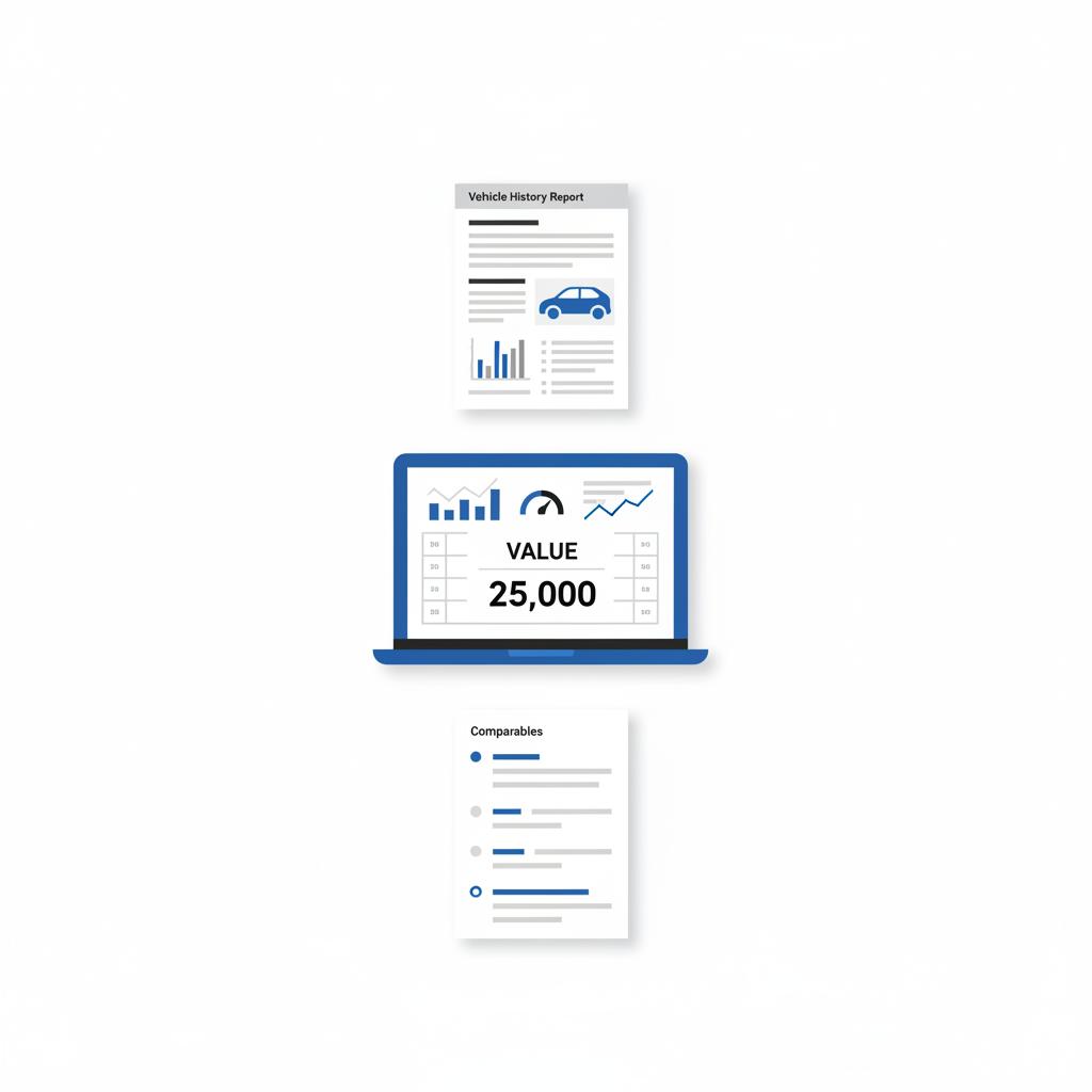Minimalist 2D vector collage showing a vehicle history report laptop KBB value screen and printed comparables list in CarFax Deals colors for kelley blue book trucks
