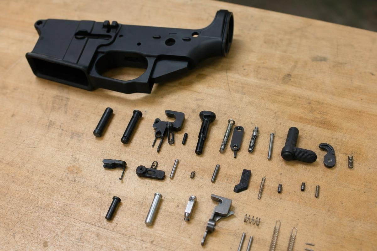 AR-15 lower parts kit installation laid out in assembly sequence