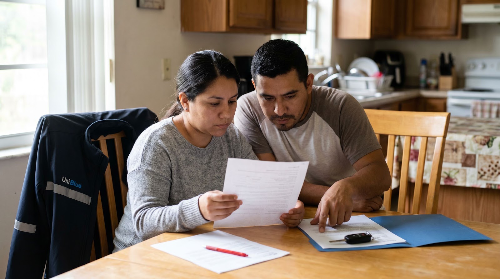 Hispanic delivery business owners reviewing policy details about florida commercial auto insurance delivery at home