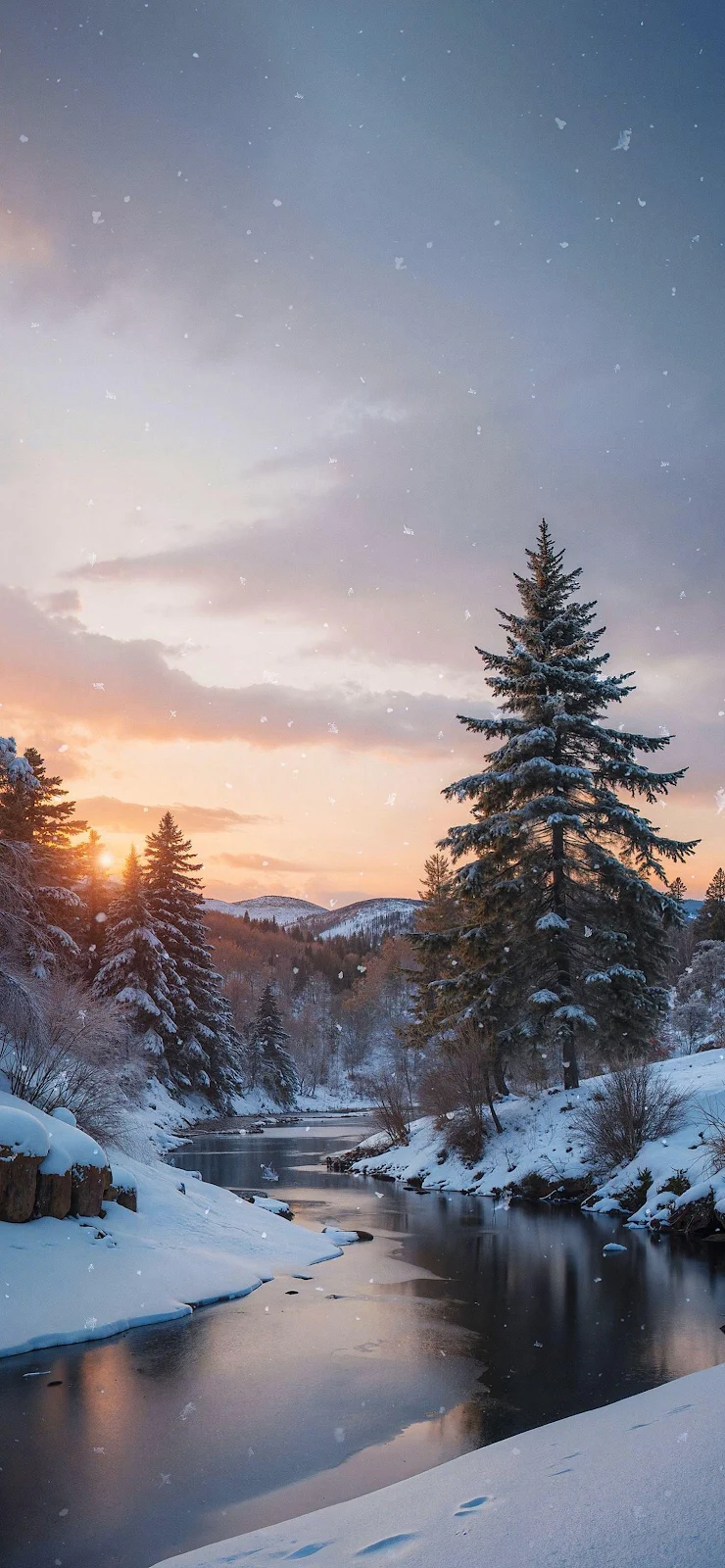 Snowy Pine Forest River Sunset - Nature Photography 2K iPhone Wallpaper (1463x3165)