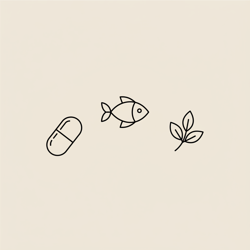 Minimal Tonum-style line illustration of a capsule, fish, and leaf on beige background representing memory vitamins evidence.