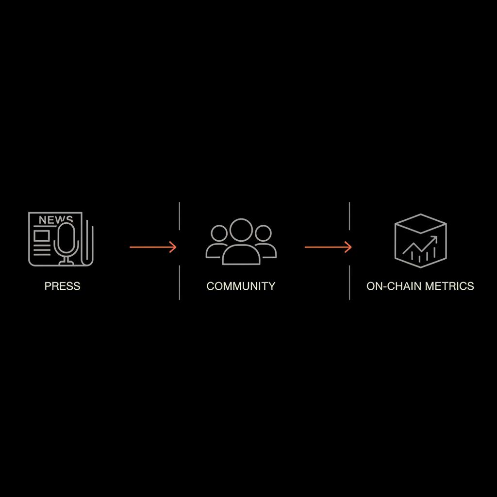 Minimal vector infographic showing flow from press to community to on-chain metrics with arrows and simple icons on a black background, using brand colors — what is PR in coins