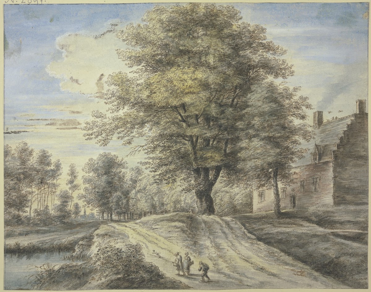 Bei einem Haus ein großer Baum vorne drei Figuren und ein Hund ca 1669