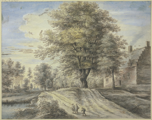 Bei einem Haus ein großer Baum vorne drei Figuren und ein Hund ca 1669